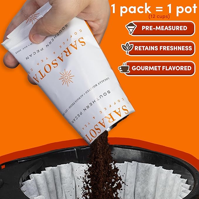 Coffee Packets – Butter Pecan Ground Packs, Gourmet Medium Roast, Low Acid 2oz Pre-Measured Bags for 12-Cup Drip Brewers, Bulk Southern Texas Pecan Single-Pot Pouches, 36 Count