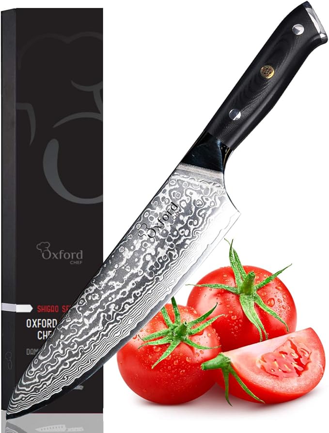 Oxford CHEF Chefs Knife 8 inch Best Damascus- Japanese- VG10 Super Steel 67 Layer High Carbon Stainless Steel-Razor Sharp, Stain & Corrosion Resistant, Awesome Edge Retention