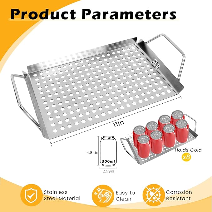 11 x 7 Inch Nonstick Grill Tray with Handles,Perforated Stainless Steel Grill Pans for Outdoor Grill,Heavy Duty Grilling Accessories for Charcoal Gas Grills,Easy to Use and Clean