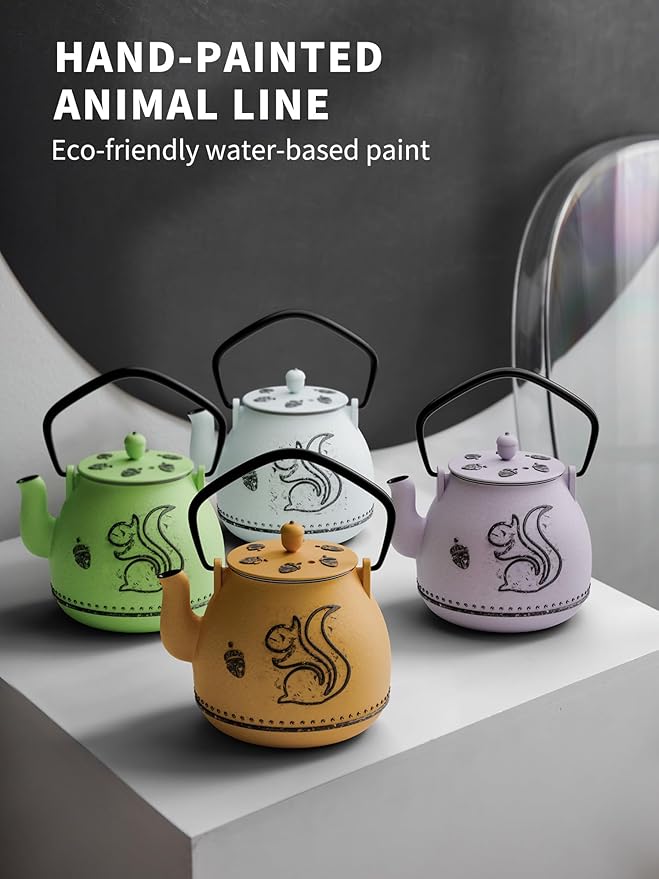 Toptier Teapot with Removable Infuser, Cast Iron Tea Kettle Stovetop Safe, Squirrel Design Tea Pot Coated with Enameled Interior for 32 Ounce (950 ml), Orange