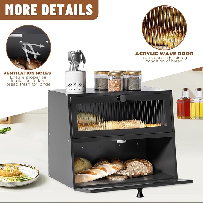 Bread Box for Kitchen Countertop,Extra Large 2 Layer Breadbox Wooden Farmhouse Bread Storage Container Bread Bin Bread Holder Food Organizer Pantry Shelf Acrylic Window(Black)