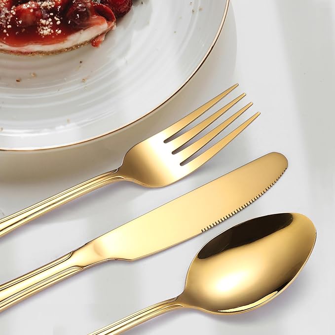 Gold Silverware Flatware Set for 4 Person Luxury Stainless Steel Cutlery 20 Pieces Forks Knives Spoons Modern Eating Utensils Double Line Edges Handle