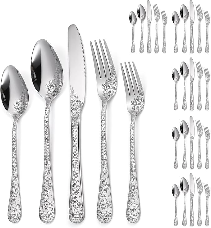 Floral Silverware Set 6 Silvery Flatware Stainless Steel with Delicate Engraved Rose Flower Embossed Design Complete 30 Piece Cutlery for Restaurant Utensils Home Kitchen Daily Use
