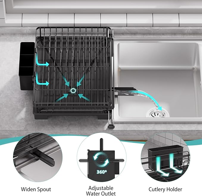 Simple Trending Dish Rack, Extendable Sink Dish Drying Rack for Kitchen Counter, Large Anti-Rust Dish Drainer with Utensil Holder, Black