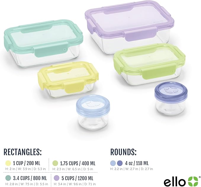 Ello Color Lock 12PC Mixed Glass Food Storage Sets, Leak-Proof Glass Food Storage Containers with Airtight BPA-Free Plastic Lids, Dishwasher, Microwave, and Freezer Safe, Purple Rain