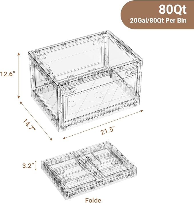 BROVIEW 80Qt Stackable Storage Bins with Lids Wheels, Crystal Clear Shiny Storage Cabinet Plastic Drawer Foldable Closet Organizers Display Box with Front & Back Doors, for Home Office Garage,1Pack