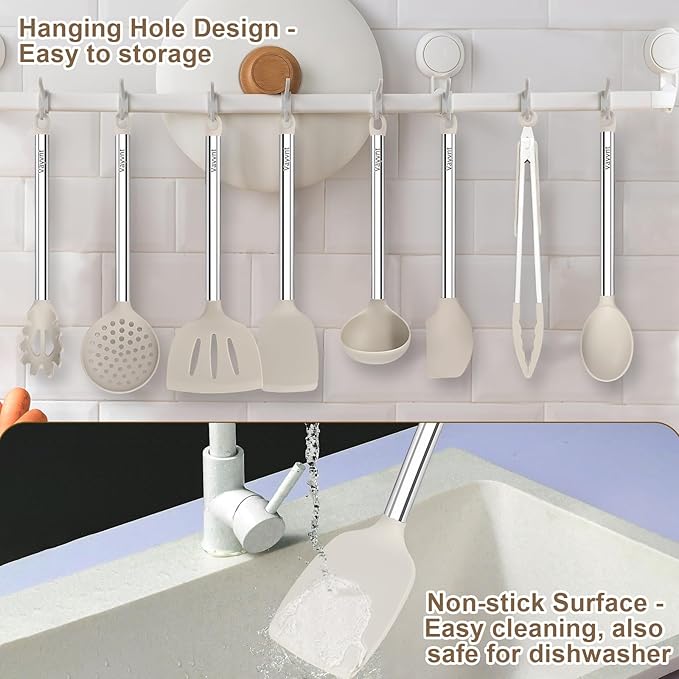 8 Pieces Kitchen Utensils Set, Vayvnt Silicone Cooking Utensils Set for Non-Stick Cookware, Stainless Steel Handle, Heat Resistant Kitchen Gadgets Includes Large Spatula Tongs, Dishwasher Safe, Khaki