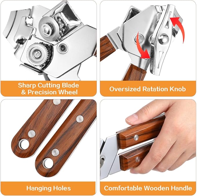 BESTonZON Stainless Steel Manual Can Opener with Grip Handles, Easy Turn Design, Heavy Duty Lid Remover for Seniors, Kitchen and Bar Tool, Smooth Edge