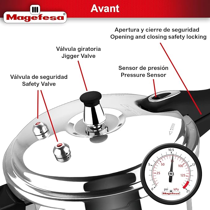MAGEFESA Avant 6.2-Quart Aluminum Pressure Cooker, Compatible with Gas, Electric & Ceramic Stoves, Stovetop Pressure Canner with Trivet