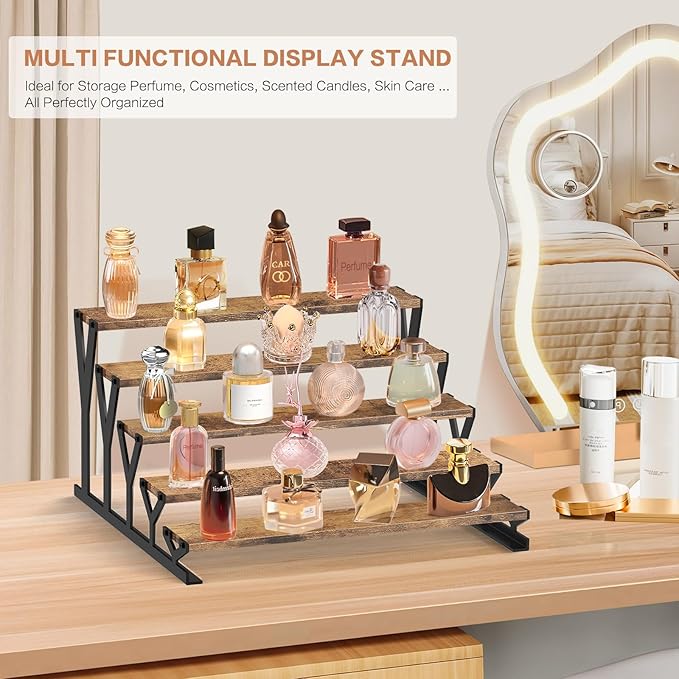KALYLOC 5 Tier Wooden Display Riser Stand 13.8 Inch Metal Step Cologne Stand Perfume Organizer Tabletop Tiered Display Shelf Rack for Cupcake Spice Figures Cosmetics Candles (Brown, Y-Shape)