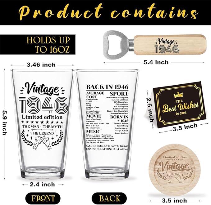 Funny 80th Birthday Gifts for Men 80 Year Old Birthday Gifts Vintage 1946 Beer Drinking Glass Happy Anniversary 80th Birthday Party Supplies Decoration for Beer Lover Boyfriend Dad Husband - 2026