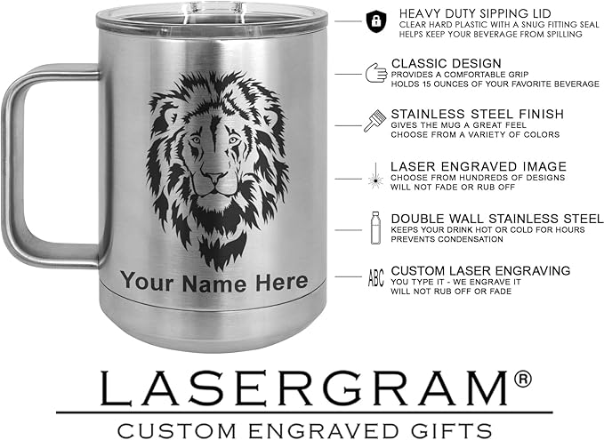LaserGram 15oz Vacuum Insulated Coffee Mug, Tiki Statue, Personalized Engraving Included (Stainless Steel)