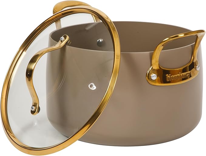 Bloomhouse - Two Time Oprah's Favorite Things Winner - 8 Quart Stock Pot w/Lid – PFAS-Free Ceramic Nonstick Dutch Oven Heavy Duty Aluminum Oven Safe Dishwasher Safe Cappuccino Cream w/Gold Handles