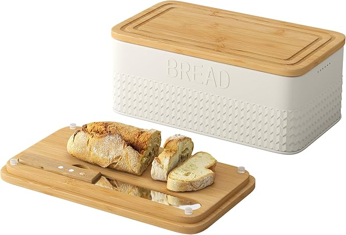 Bread Box for Kitchen Countertop, Large Bread Storage Container with Bamboo Lid, Iron Farmhouse Bread Box for Your House, White