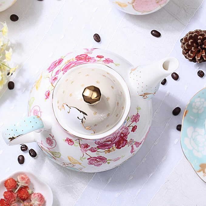 Tea Pot Bone China Floral Design Vintage Teapot Loose Tea Women and Tea lovers 850 ml about 4 Cups Gift Box
