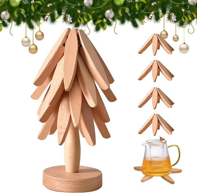 Wooden Trivets for Hot Dishes, Tree Shape Trivet Set, Foldable Kitchen Wooden Trivets, Tree Coaster for Hot Dishes、Pot、Bowl、teapot、hot Pot Holders (4 Piece-Original Wood)