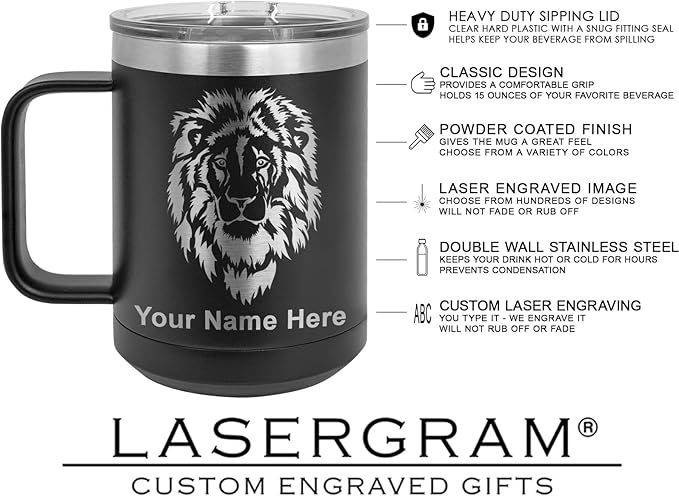 LaserGram 15oz Vacuum Insulated Coffee Mug, Tiki Statue, Personalized Engraving Included (Black)