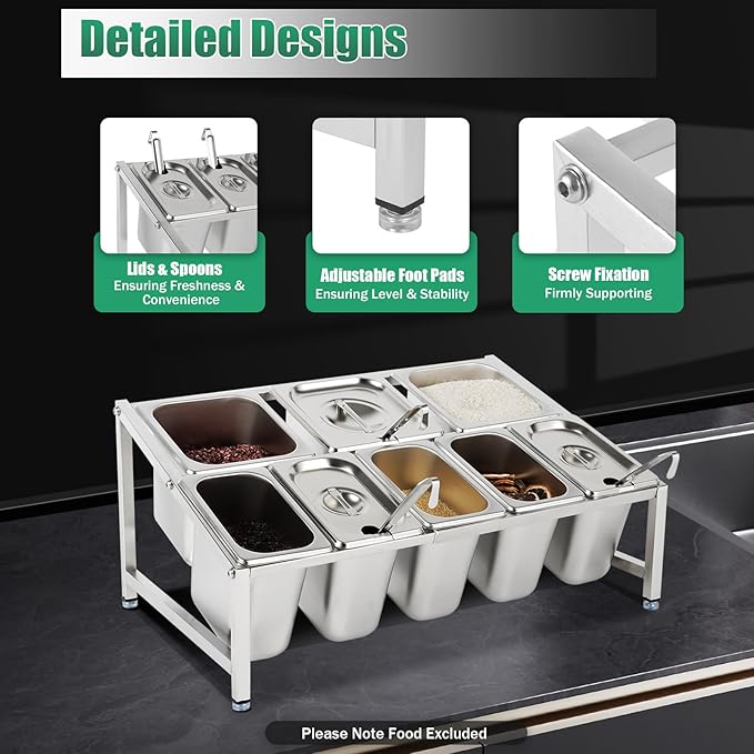 Expandable Spice Rack, 2-Tier Stainless Kitchen Spice Rack Organizer, 5x1/9 Pans + 3x1/6 Pans, Organizer Shelf with Lid, Countertop Holder for Spices Sauce Ingredients Fruits -8 Pans