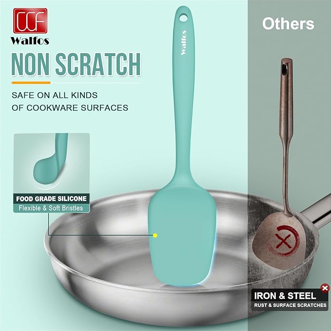 Walfos Silicone Spatula - 600°F High Heat Resistant Kitchen Spoon Spatulas（set of 5), Strong Steel Core and One-Pieces Design, For Cooking Mixing & Baking - BPA Free and Dishwasher Safe (Teal/Aqua)