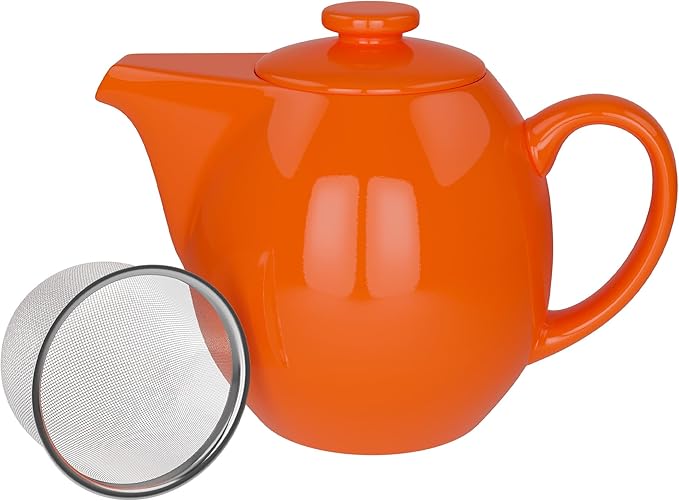 OmniWare 24 Oz Stoneware Teapot with Stainless Steel Mesh Infuser (Orange) - Microwave & Dishwasher Safe, Removable Infuser, Retro-Style Kitchenware Ideal for Loose Tea Brewing