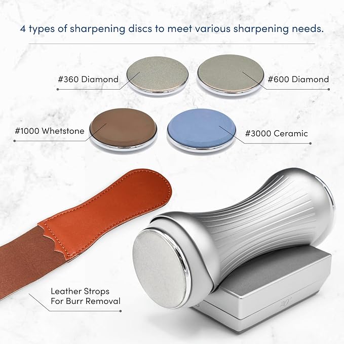 Rolling Knife Sharpener for Kitchen Knives - Sharpening Kit for all Knife Set - 360 & 600 Diamond - 1000 Whetstone & 3000 Ceramic, 4 Angles, CNC Aluminum Alloy Base, Modern Futuristic Aesthetics