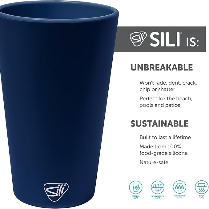 Silipint 16oz Silicone Pint Glass – Unbreakable BPA-Free Reusable Silicone Drinking Cup – Flexible Dishwasher Microwave & Freezer Safe – Stemless Glass for Water Coffee Smoothies (Navy)