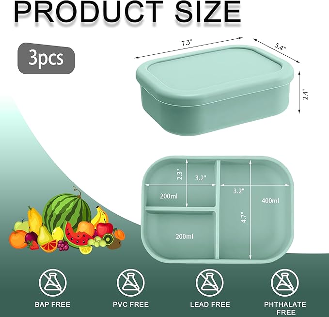 Silicone Adult Bento Box, 3 Compartment Leakproof Silicone Lunch Container, Lunch Box for Men and Women, BPA-Free, Microwave/Dishwasher/Freezer Safe, Reusable Snack Containers (3PCS-Green)