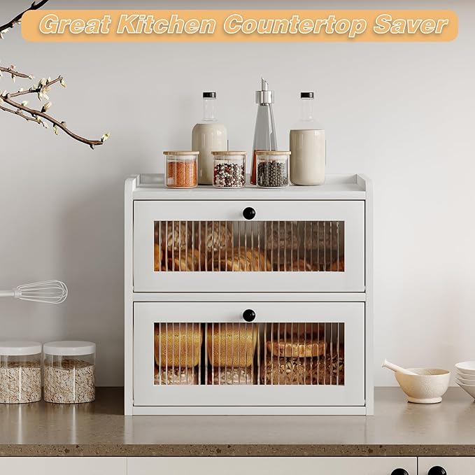 Double Layer Large Bread Box for Kitchen Counter, Wooden Corner Bread Storage Container with Acrylic Window, White