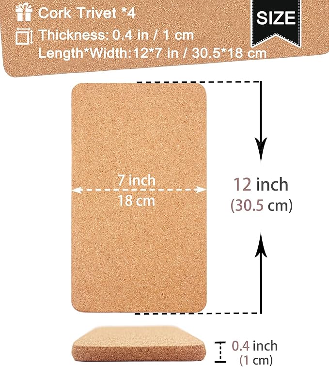 Cork Trivet, High Density Fine Particle Thick Cork Trivets for Hot Dishes, 12 x 7 Inch Heat Resistant Cork Coaster, Rectangle Cork Placemats Cork Hot Pads for Kitchen, 4 Pcs