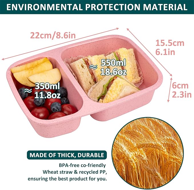 Bento Lunch Box 2 Compartment Lunch Containers, Reusable Kids Lunch Box Containers with Lids, Stackable Food Containers for Lunch, Microwave & Dishwasher Safe for Travel Work & School(5 Pack)