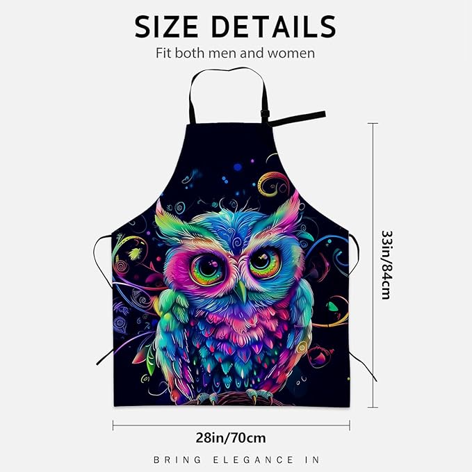 Beautiful Owl Apron for Women Men, Cooking BBQ Chef Polyester Lightweight Colorful Artistic Owls Aprons with Pockets for Baking Kitchen Gardening Cleaning, Adjustable Neck Strap, 28×33inch
