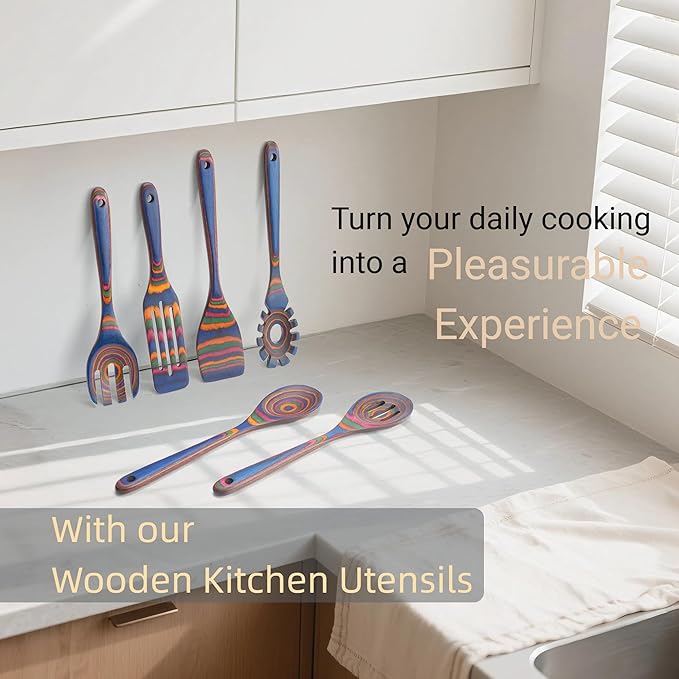 6-Piece Pakkawood Kitchen Utensils | Heat Resistant Pakkawood Utensils | Pakkawood Kitchen Cooking Utensil Set | Wooden Spoons for Cooking | Non-Sitck Cooking Spoons | Sapphire