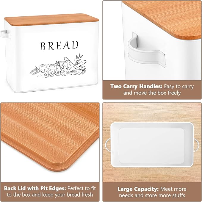P&P CHEF Bread Box for Kitchen Counter, Metal Bread Storage Bin with Wooden Cutting Lid, Large Capacity for Holding 2+ Loaves, Retro Modern Style, Size 13” x 7.2” x 9.7”, White