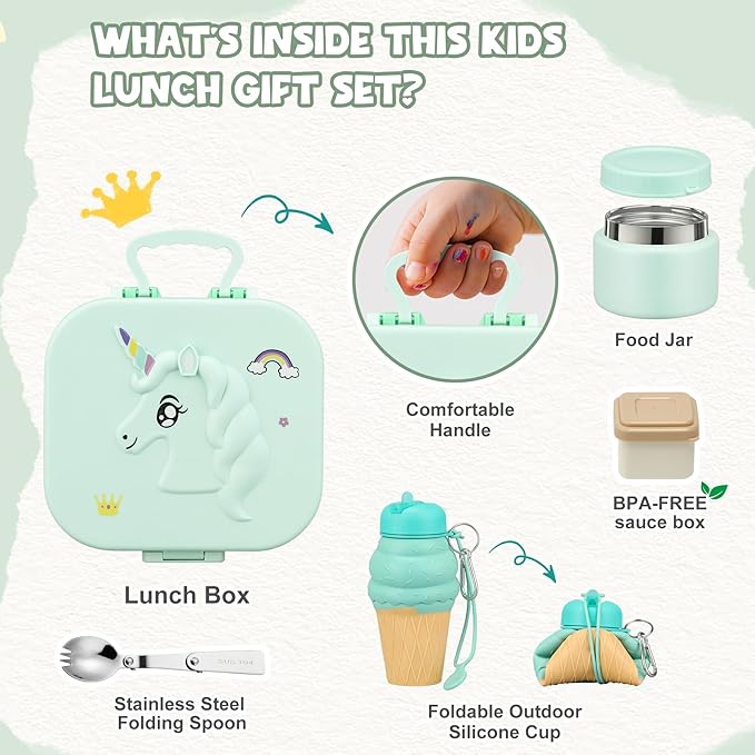 Kids Lunch Box Set -12oz Insulated Food Jar, Thermal Bag,Leakproof Lunch Food Containers Cutlery (BPA Free)-Gift for Girls/Boys Age 3-10(Green-Gradient)