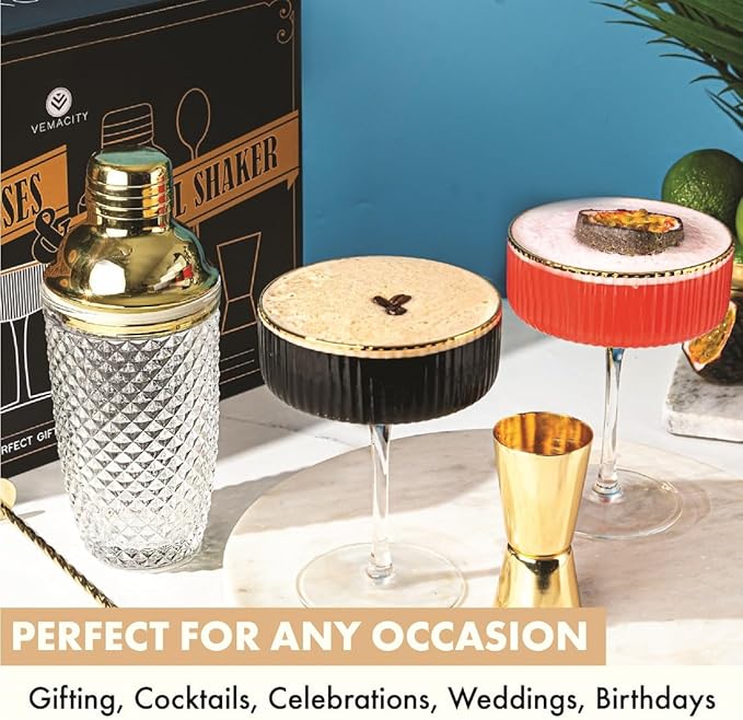 VEMACITY - Luxury Gold Cocktail Shaker Set - 15oz Glass Shaker with Strainer + 2 Gold-Rim Ribbed Martini Glasses (10oz) & Bar Tools | Espresso Martini Glasses | Ideal for Christmas & New Years