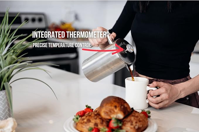 Barista Warrior French Press with Thermometer - Insulated Coffee Press - Stainless Steel Coffee Maker (1.0L | 34 fl oz) (White)