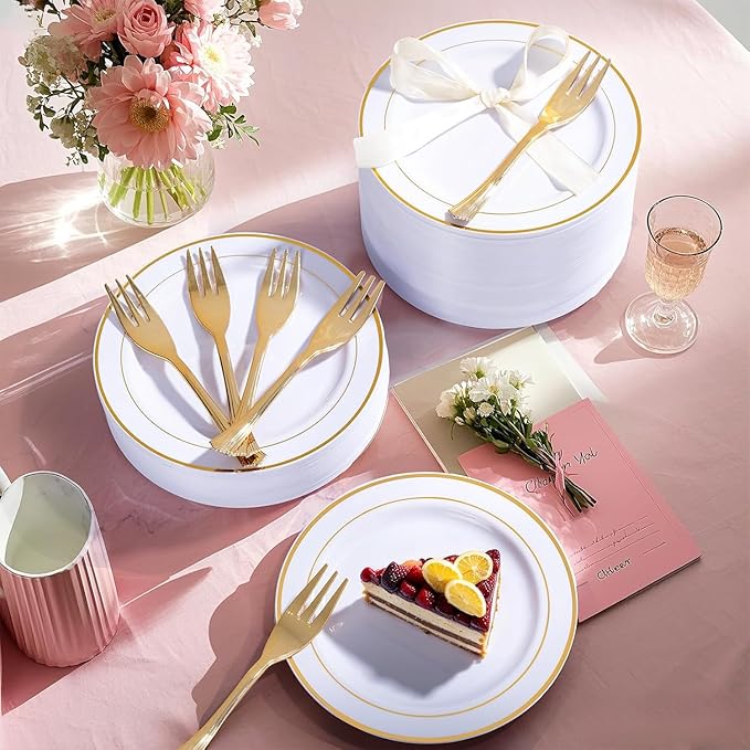 WELLIFE 120 PCS Plastic Dessert Plates and 120 PCS Forks, 6.3 inch Disposable Salad Plate, Premium White Appetizer Plates with Gold Rims Perfect for Parties, Weddings and Christmas