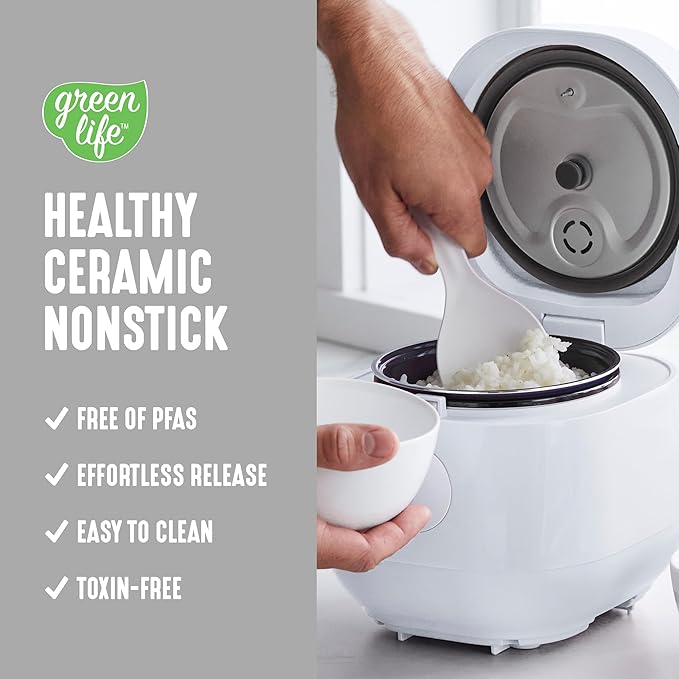 GreenLife Digital Rice Cooker, 2-Cups Uncooked/4-Cups Cooked, Removable Nonstick Ceramic PFAS-Free Pot, One-Touch Presets, Oats, Quinoa, Brown Rice, Auto Keep Warm, Fuzzy Logic Tech, 1.5QT, White