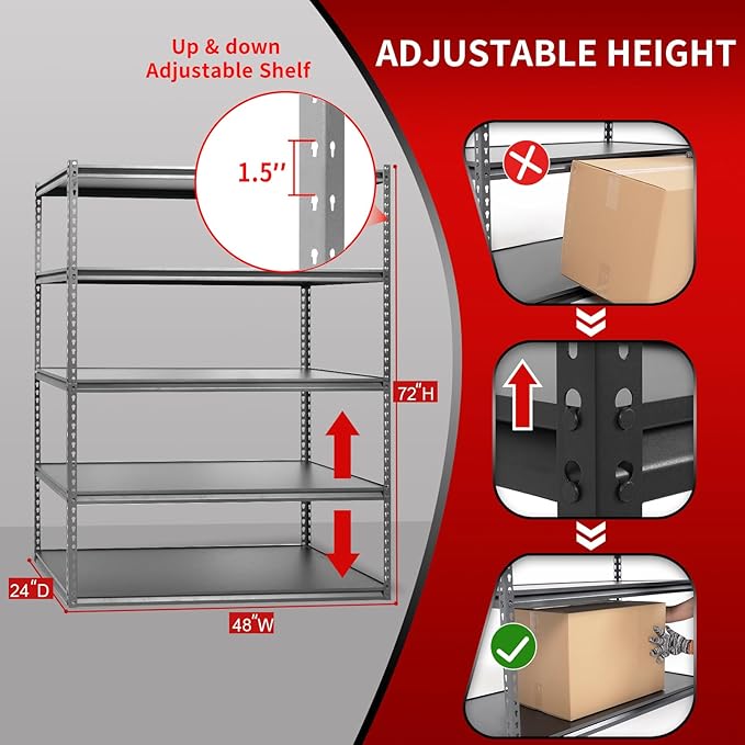 The Atlas 48" W Laminated Heavy Duty Metal Shelving Unit 3250 Lbs Boltless Garage Storage Shelves Utility Rack Shelf Warehouse Pantry Shed 48" W x 24" D x 72" H, Gray