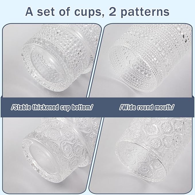 16oz Drinking Glasses Set of 4, 2 Hobnail Glasses & 2 Embossed Water Goblets, Flower Design Stackable Vintage Tumbler Glasses, Old Fashion Beaded Glass Cups for Cocktail, Iced Coffee, Beer