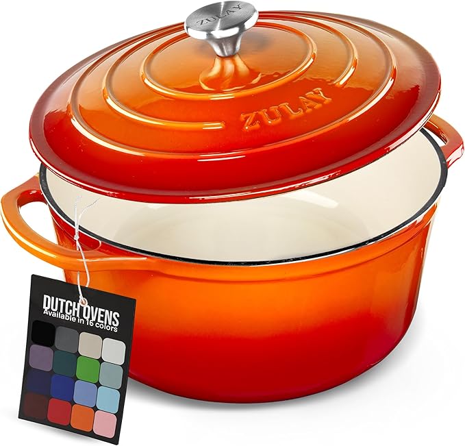 Zulay Kitchen 7.7 Quart Enameled Cast Iron Dutch Oven Pot with Lid – Premium Durability & Oven Safe up to 500°F – Heavy Duty Cookware Perfect for Bread Baking, Stews, Braising & Roasting – Orange