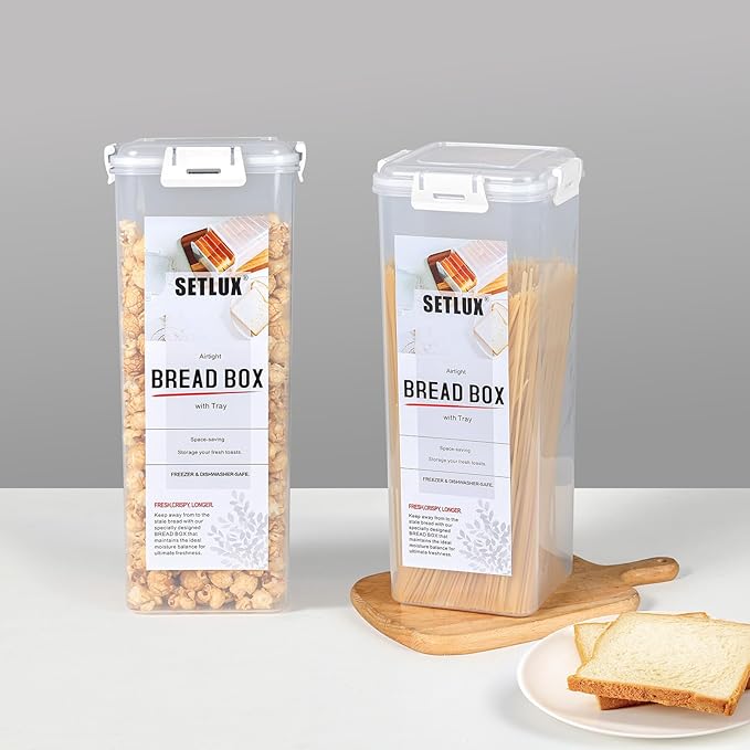 2 Pack Bread Storage Container with Tray, Plastic Bread Box with Airtight Lid, Bread Keeper for Homemade Bread, Toast, Bagel, Donut(white 2 pack)