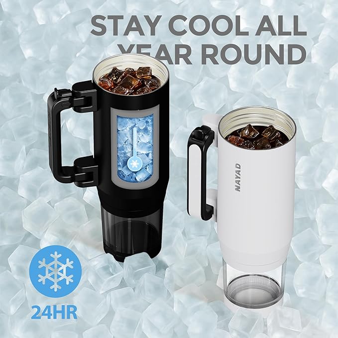NAYAD 22 oz Flip Straw Tumbler with Handle & 10oz Snack Container Insulated Stainless Steel Water Bottle with Foldable Handle Dual Lids for Travel Gym Car Daily Use Christmas gifts(white)