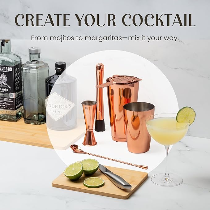 Mixology & Craft Cocktail Shaker Set - 11-Piece Bar Accessories Kit w/Weighted Boston Shaker, Strainer, Jigger, Muddler and More - Home Bartending Tools, Accessories for Bartender, Copper