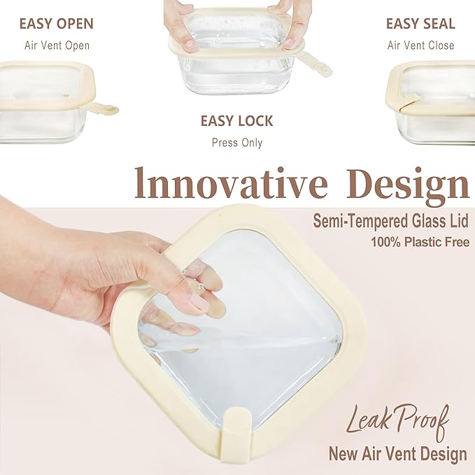 Urban Green Glass Food Storage Containers with Glass Lids, Microwave Safe Food Container Set, Airtight Meal Prep Containers, LeakProof, 100% Plastic Free, 6 Pack