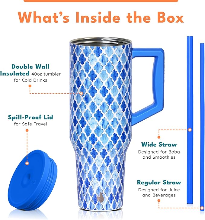 Elemental 40 oz Tumbler with Handle and Straw - Spill Proof Insulated Stainless Steel Commuter for Hot and Cold Beverages - Travel Coffee Mug with 2 Straws & Spill Proof Lid - 40oz - Blue Tile