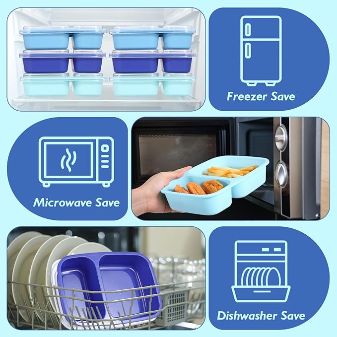 Honeydak 5 Pack Lunchable Snack Containers 2 Compartment Divided Bento Snack Boxes Reusable Meal Prep Containers with Lids Lunch Food Storage Box for Work Travel (Blue)