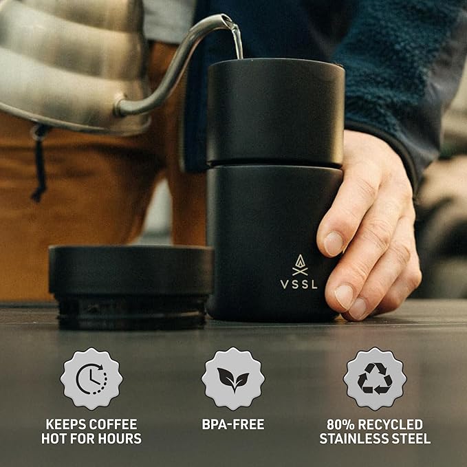 VSSL - Nest Pour Over Coffee Set | Coffee Maker for Camping | All-In-One Travel Pour Over | Transportable Dripper, 10oz Stainless Steel Travel Mug | Compact Storage & Adventure Ready | Black