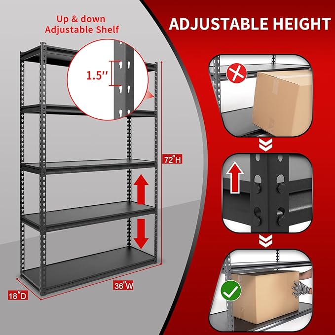 The Atlas 36" W Laminated Heavy Duty Metal Shelving Unit 4000 Lbs Boltless Garage Storage Shelves Utility Rack Shelf Warehouse Pantry Shed 36" W x 18" D x 72" H, Black