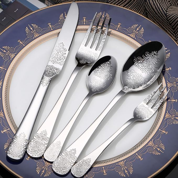 IKXO Silverware Set 40 Piece Silver Flatware Set for 8,Stainless Steel Flatware Cutlery Set For Home Hotel, Kitchen Utensils Set Include Fork Knife Spoon,Mirror Polished,Dishwasher Safe